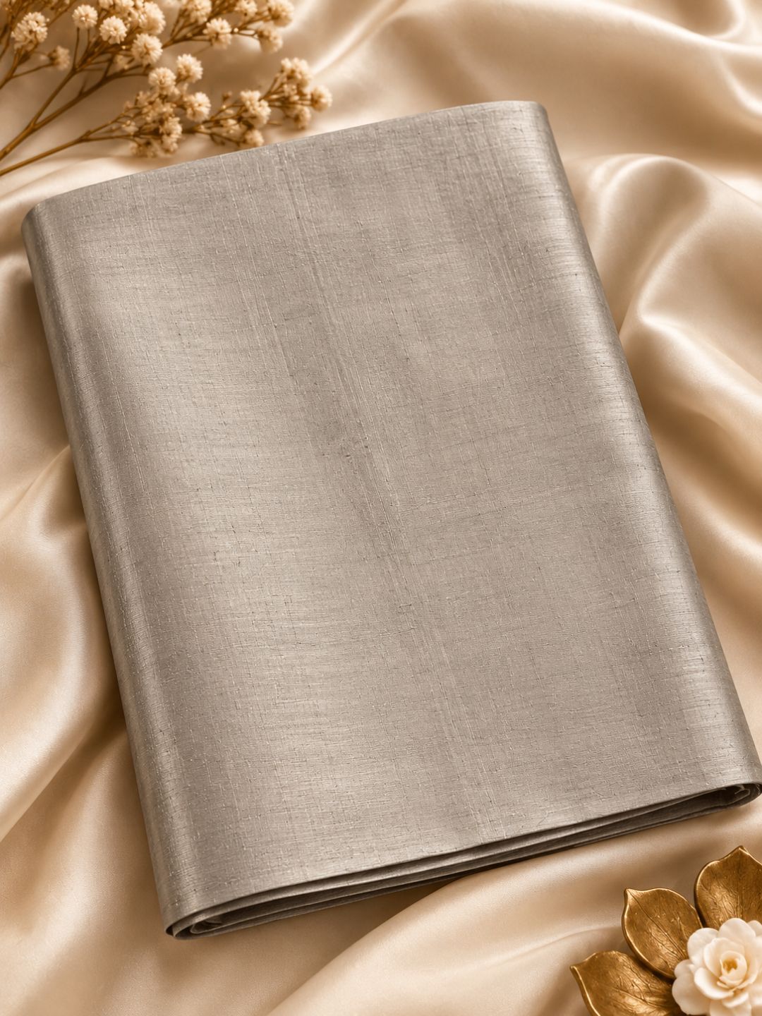 Temple Resham Katiya Silk Handloom Fabric – Metallic Silver (44 Inch Width)
