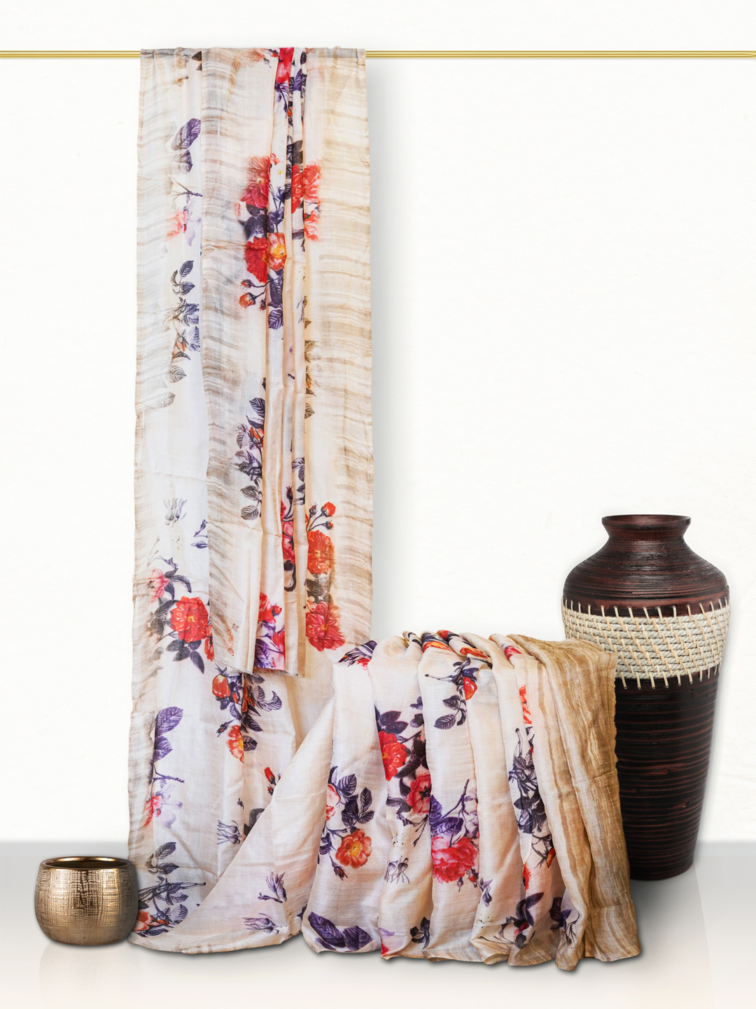 Tasar Digital Floral Printed Silk Saree Cream