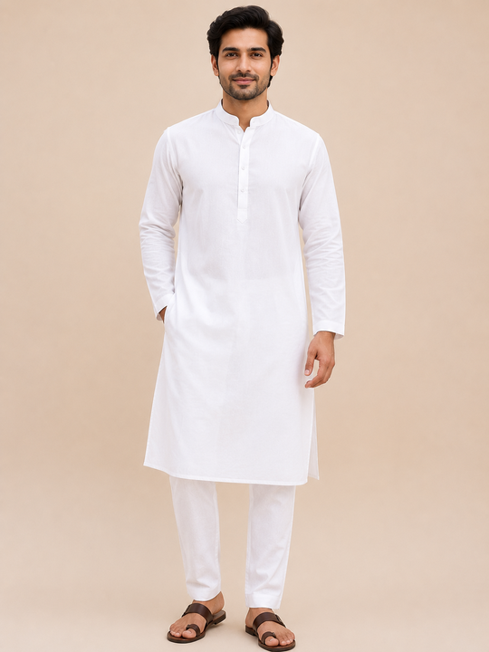 Khadi Cotton Men's Long Kurta - White