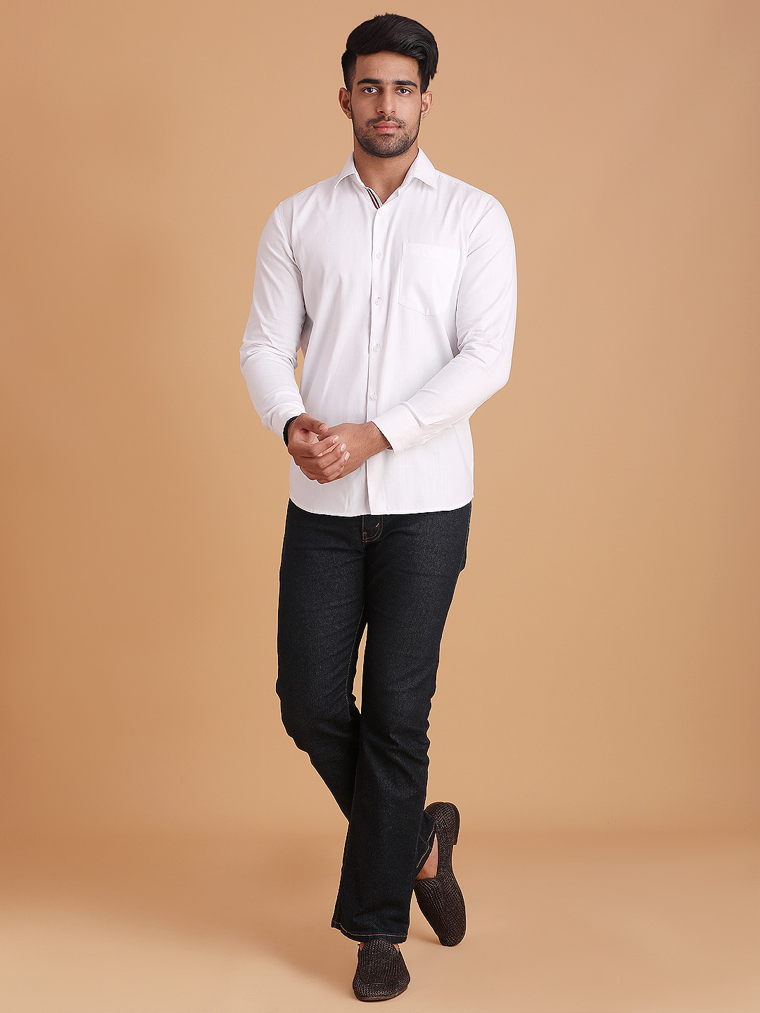 Handwoven Polyvastra Men White Shirt - Tricolor Tape in Inner Placket
