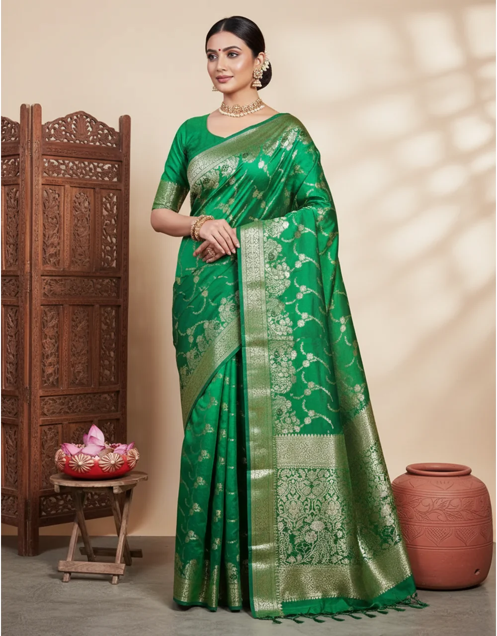 Green Emerald Pure Chiniya Banarasi Silk Saree