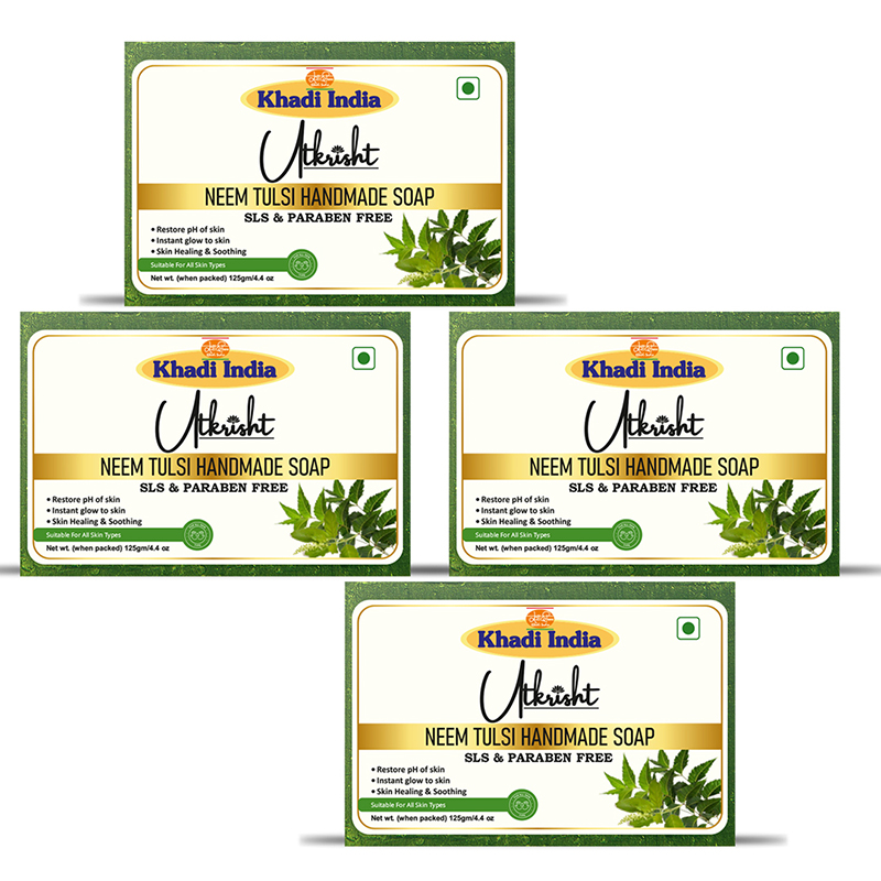 Utkrisht Khadi Neem Tulsi Handmade Bathing Soap For Removing Dirt & Impurities 500GM ( 125 gm each )- Pack of 4
