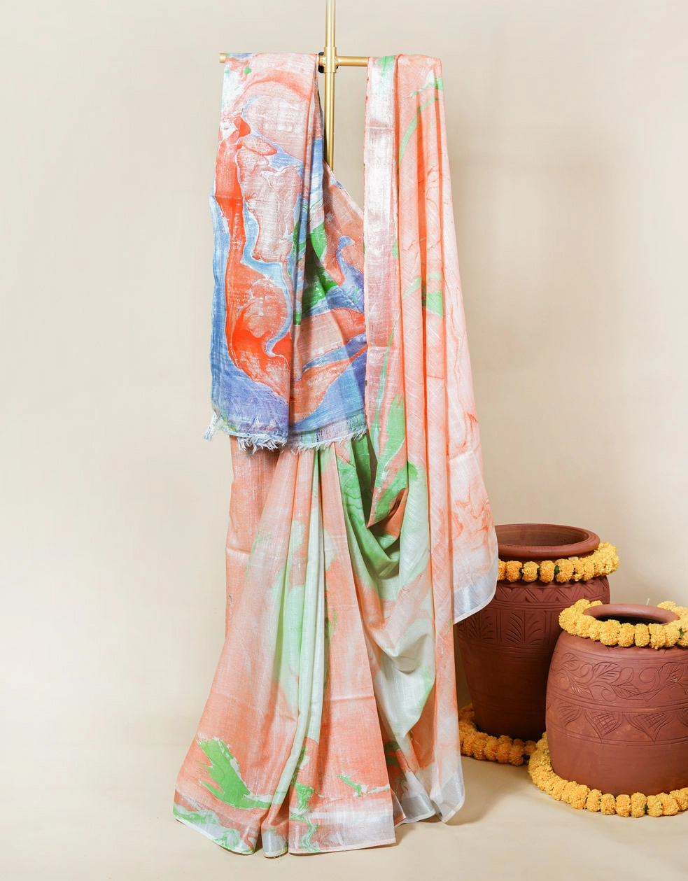 Peach Pastel Marble Print Cotton Slub Saree - RKVSSLPPMP51