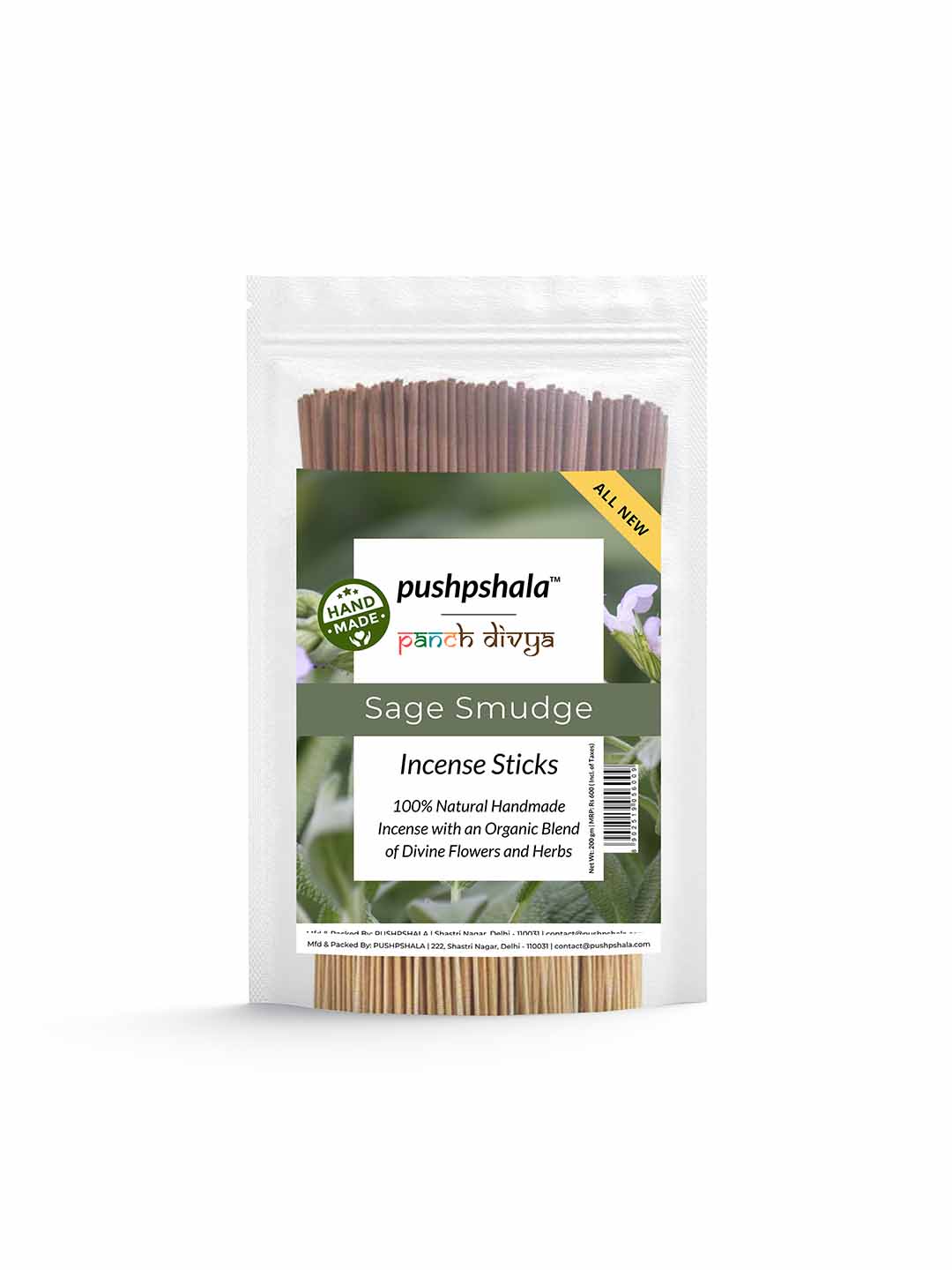 Pushpshala Organic Handmade Incense Sticks Jumbo Zipper Month Pack - Sage Smudge (200GM)