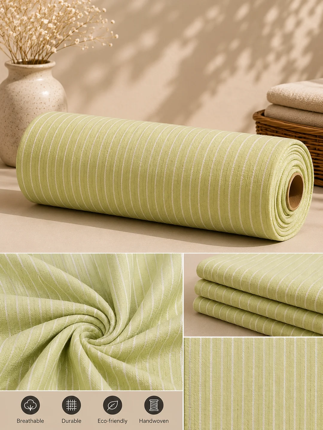 Khadi Cotton Green Pin Striped Fabric – 44 Inch Width Handloom Fabric