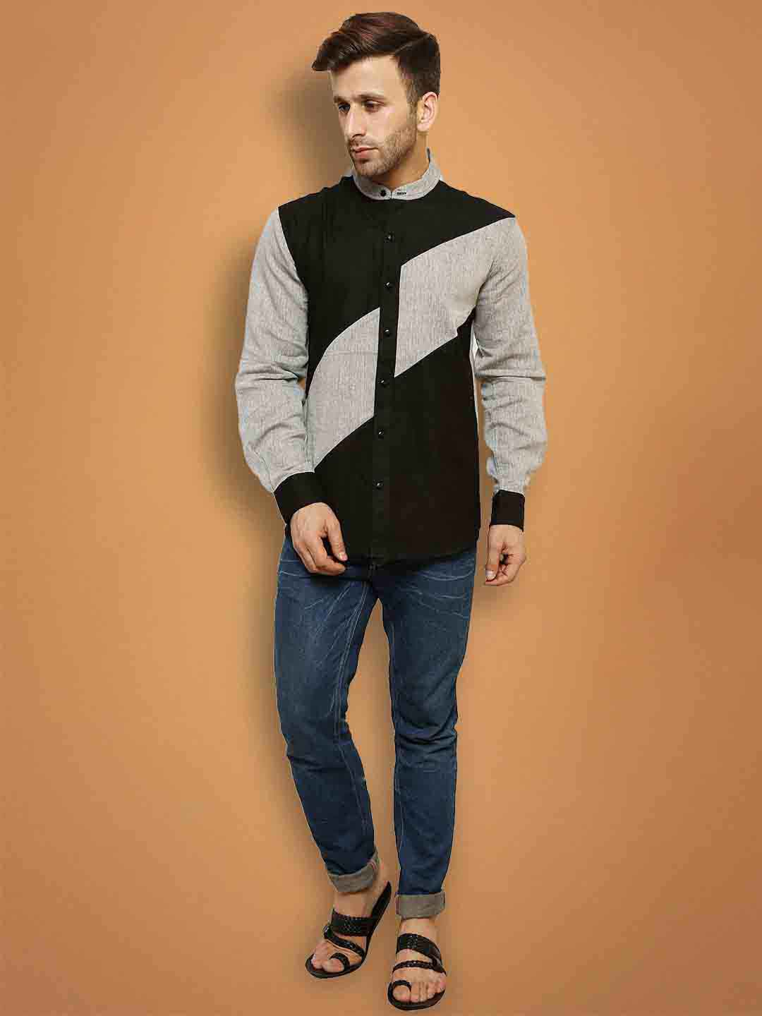 Men's Khadi Cotton Shirt - Black & Grey Diagonal Panelling with Nehru Collar