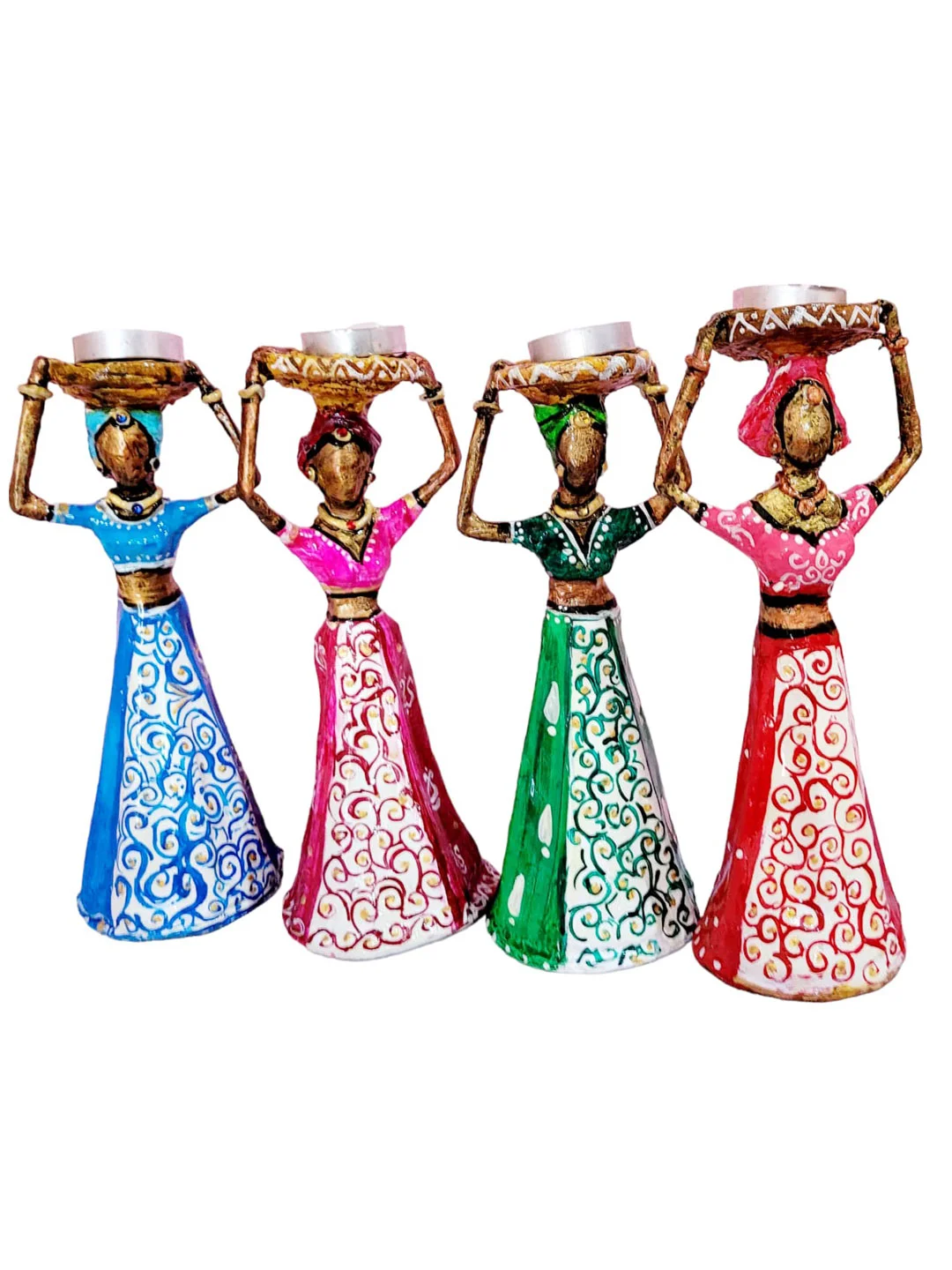 Handcrafted & Handpainted Paper Clay African Doll Candle Holder packof-4