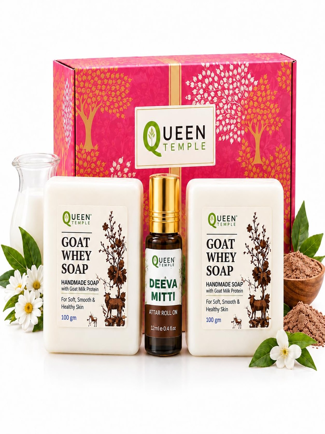 Luxury Care Combo – 2 Goat Whey Handmade Soaps with Goat Milk Protein & Deeva Mitti Attar Roll-On Set