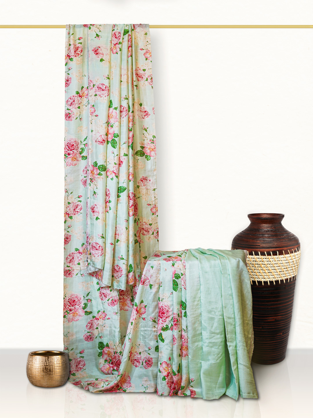 The Gold Weave Digital Floral Printed Silk Saree Sea Green