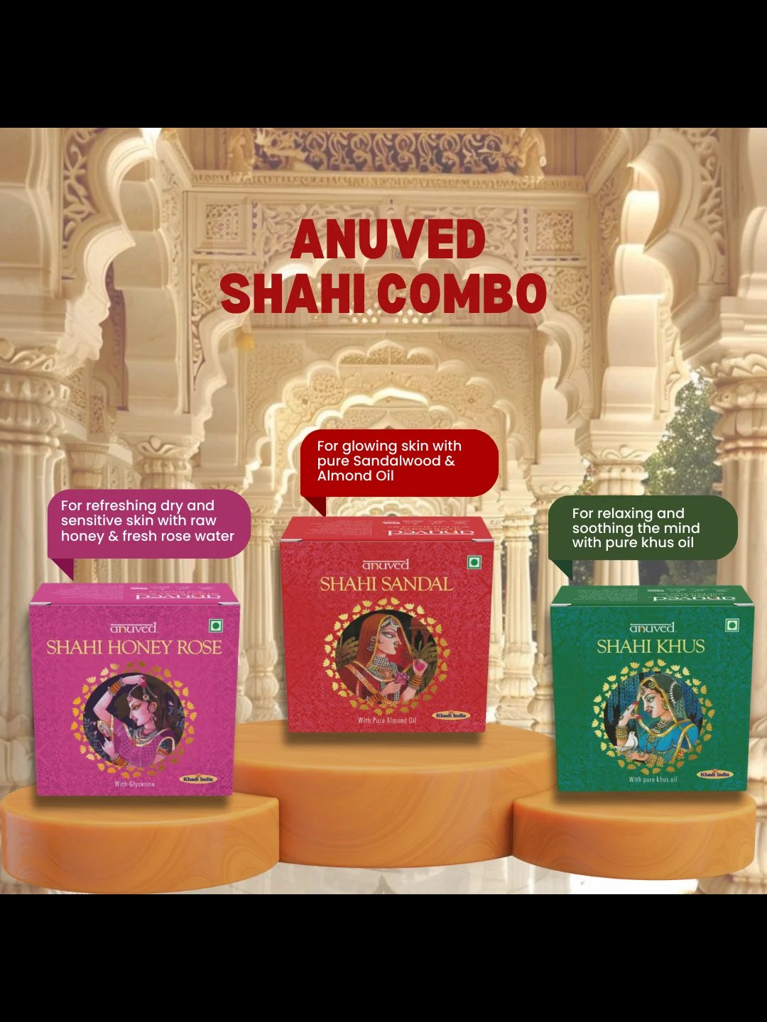 Anuved Shahi Range of Shahi Rose, Shahi Khus & Shahi Sandal Soaps | Pack of 3 |125 Grams Each | For Royal Luxurious Bath Experience | Paraben Free, Cruelty Free