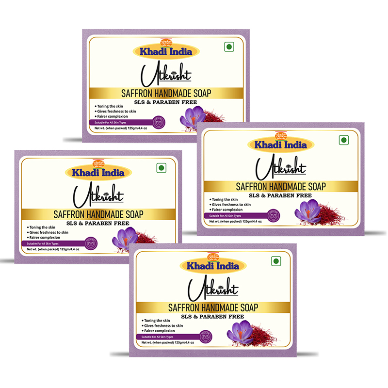 Utkrisht Khadi Handmade Saffron Bathing Soap for Radiant Skin & Anti-Aging Benefits 500GM ( 125 gm each )- Pack of 4