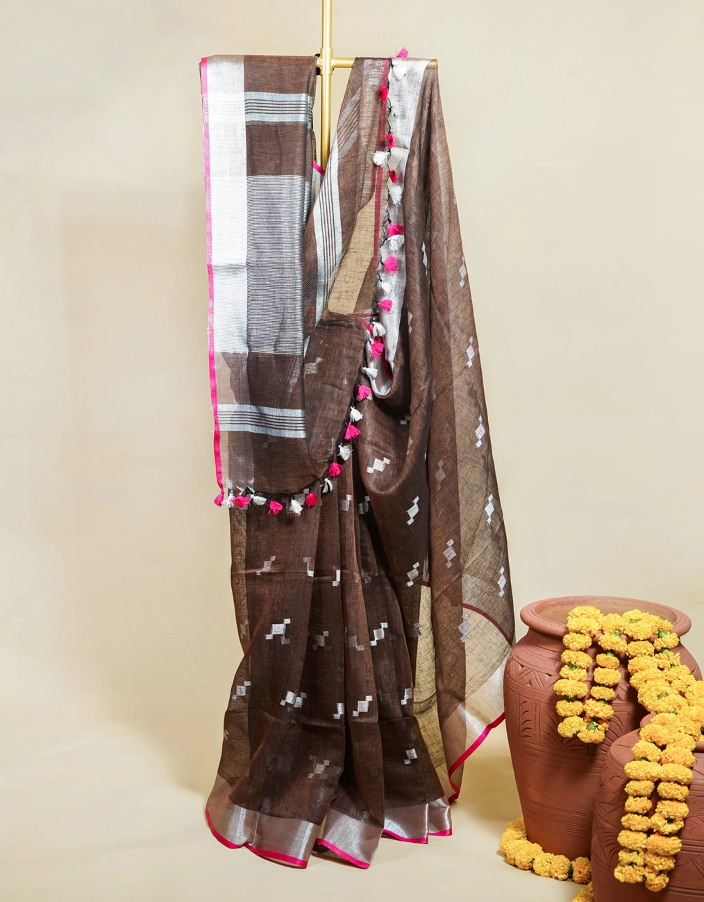 Brown Handwoven Linen Saree With Silver Zari Border And Hand Tasselled Edge - RKVSSLBHLS67