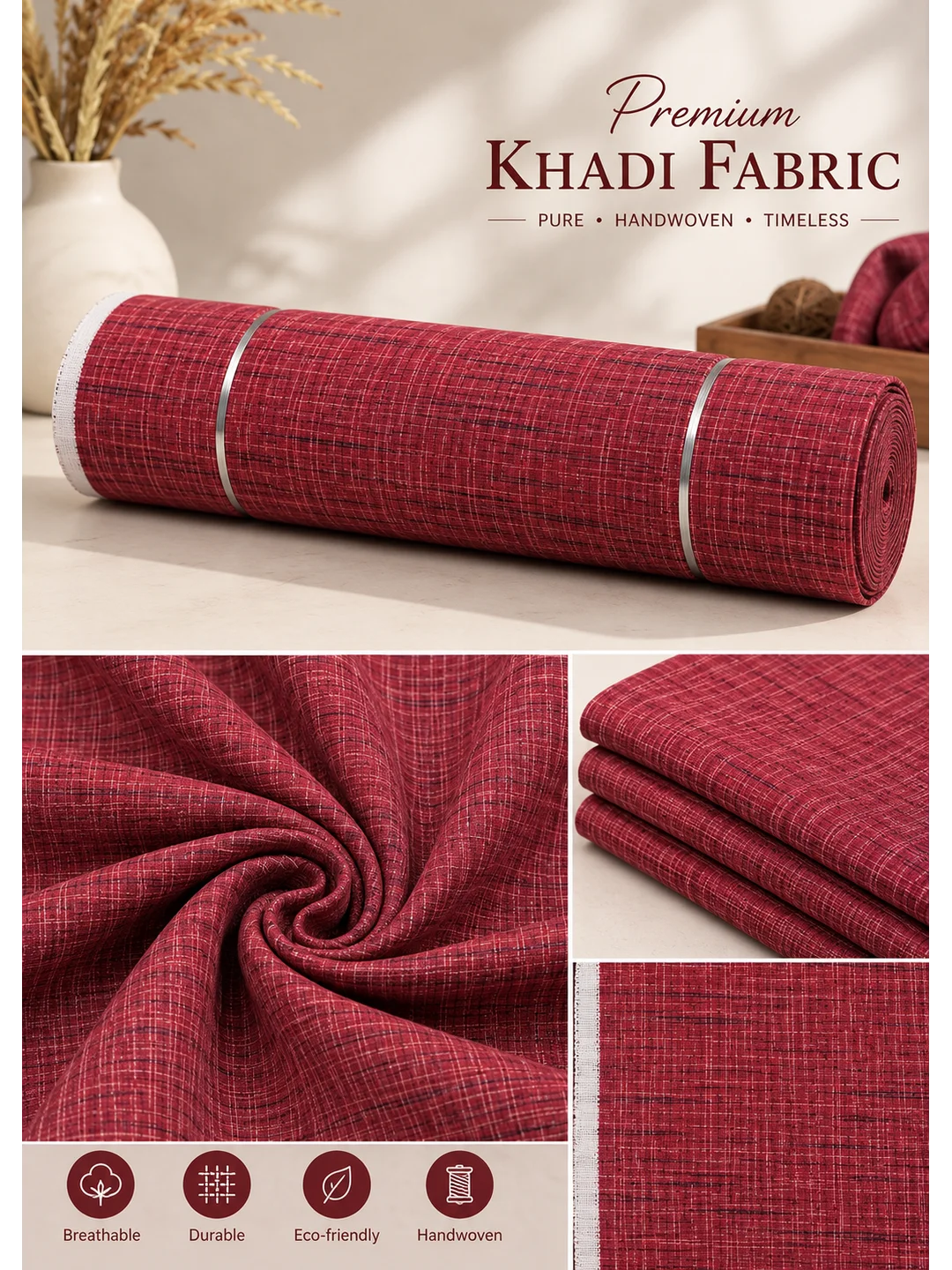 Khadi Cotton Red Fabric – 44 Inch Width Handloom Fabric