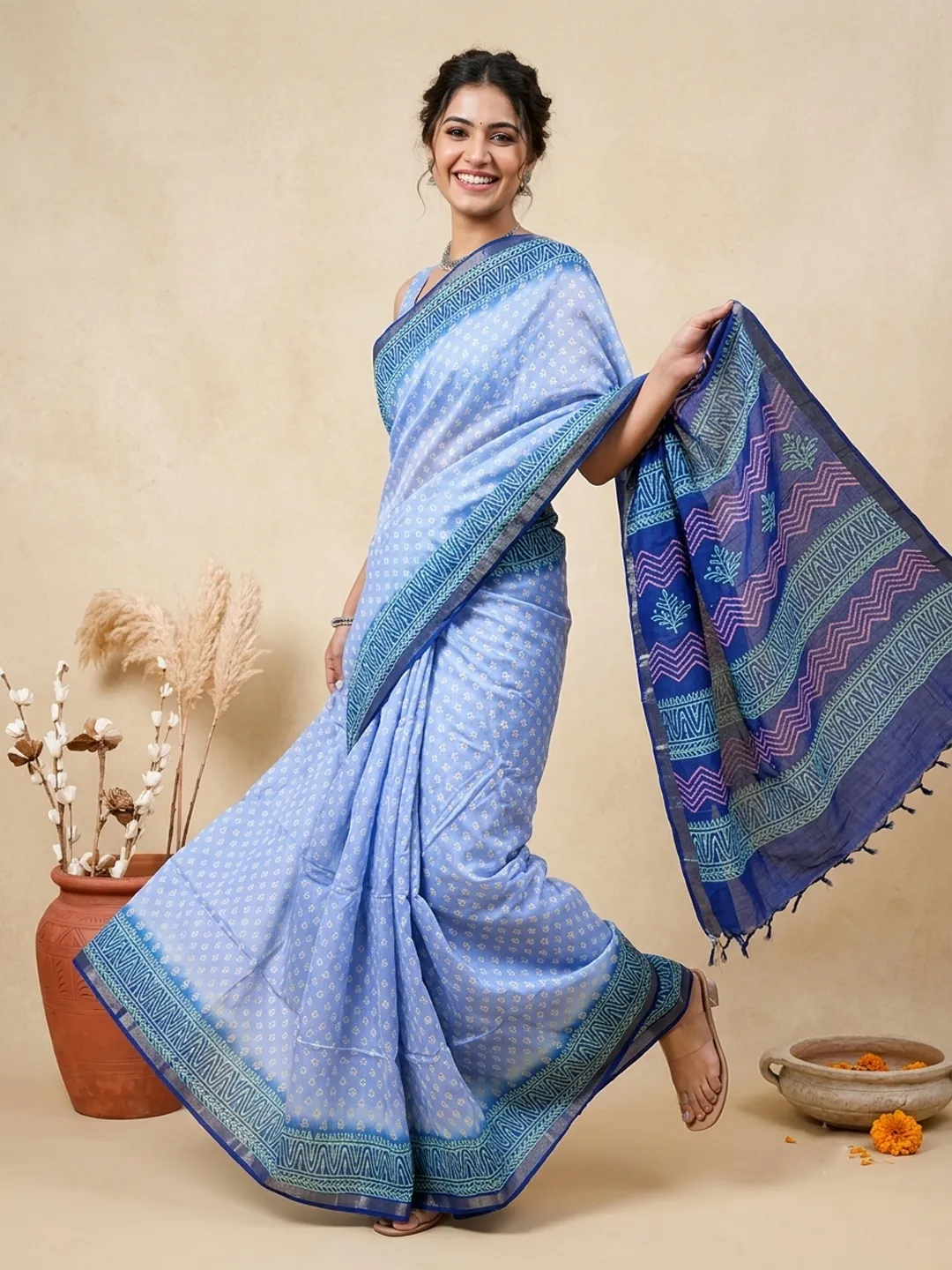 Blue Bhagalpuri Soft Silk Saree With Printed Border & Designer Pallu