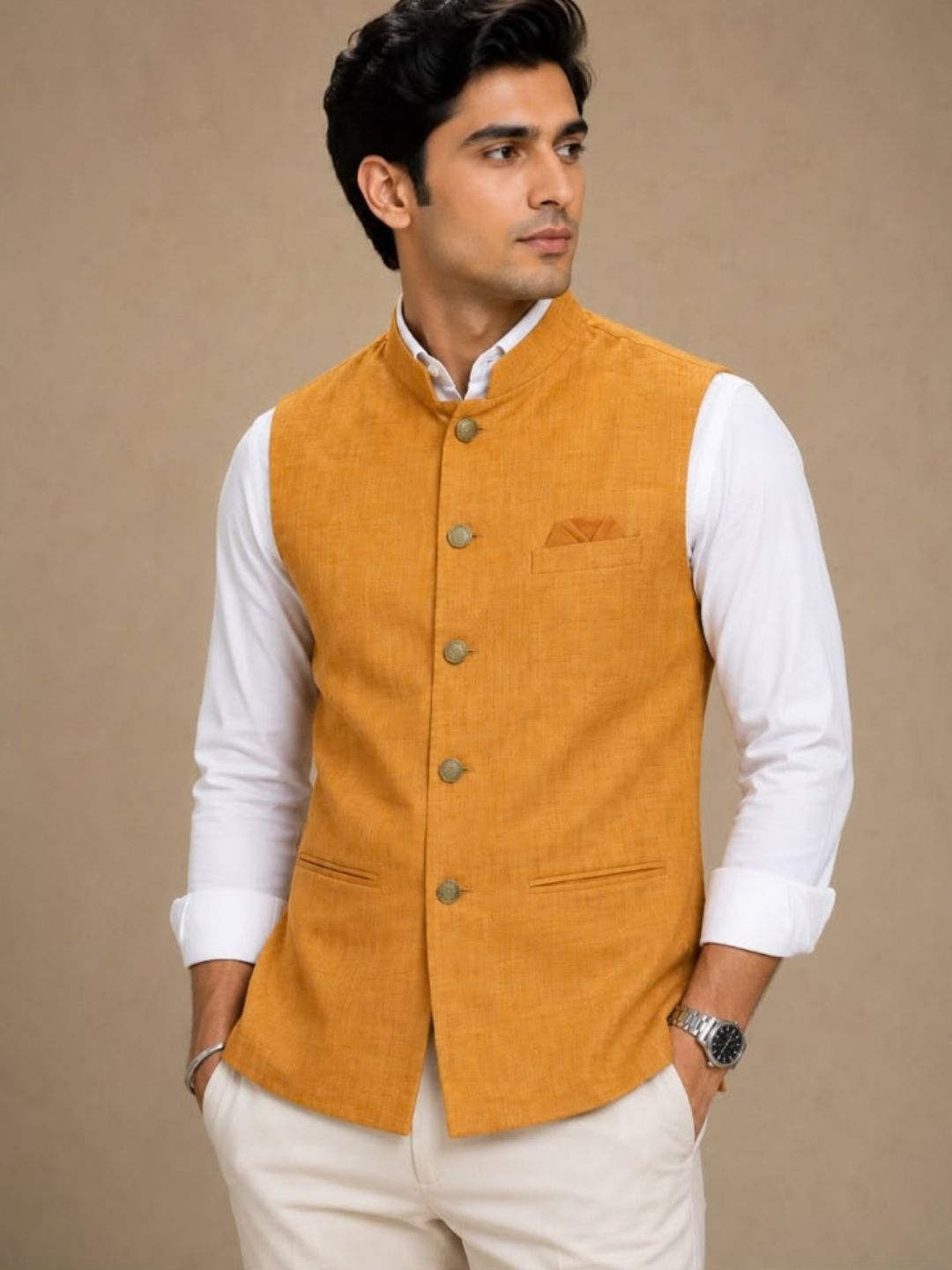 Men’s Cotton Nehru Jacket Mustard Yellow