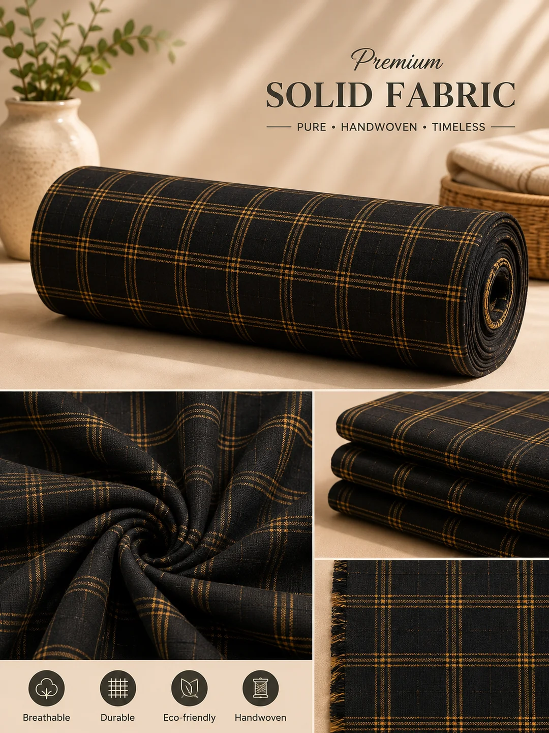 Khadi Cotton Black Fabric 44 Inch Width Handloom Fabric