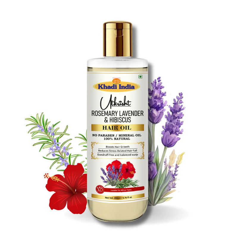Utkrisht Khadi Rosemary, Lavender & Hibiscus Oil Natural Hair Growth and Nourishment Blend for Stronger, Shinier Hair- 200ML