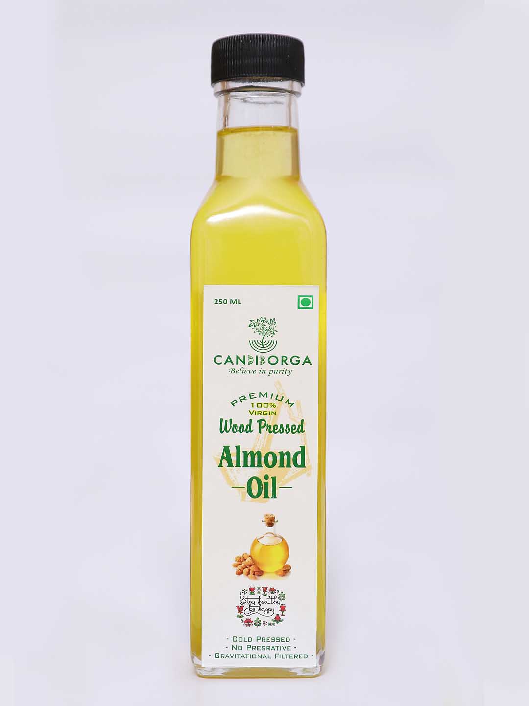 CandidOrga Coldpressed (Woodpressed) Edible Almond Oil 100% Virgin - 250 ml