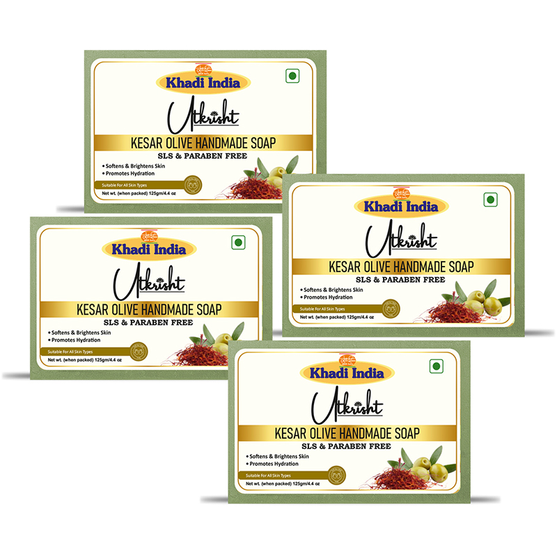 Utkrisht Khadi Handmade Natural Kesar Olive Bath Soap for Skin Brightening 500GM ( 125 gm each )- Pack of 4