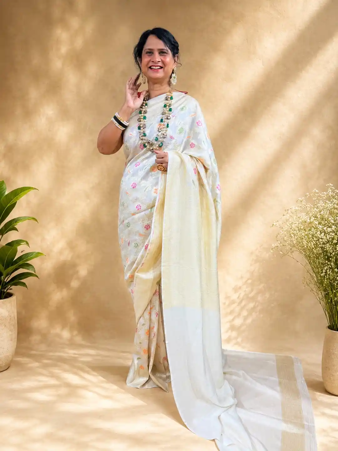 Off White Pure Monga Silk Meenakari Banarasi Saree