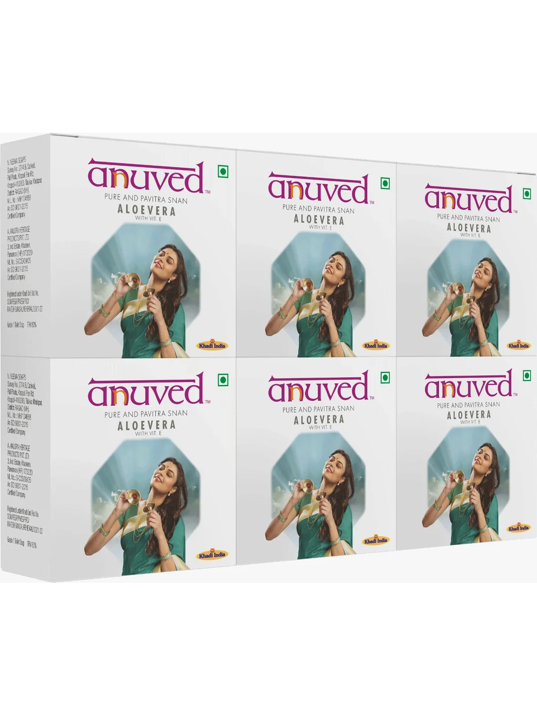 Anuved Herbal Aloevera Soap | Pack of 6 | 125 Grams Each | with Vitamin-E and enriched with Rishikesh Gangajal, Effective Cleanser & Skin Moisturiser for Eternal Youth, Paraben Free, Cruelty Free
