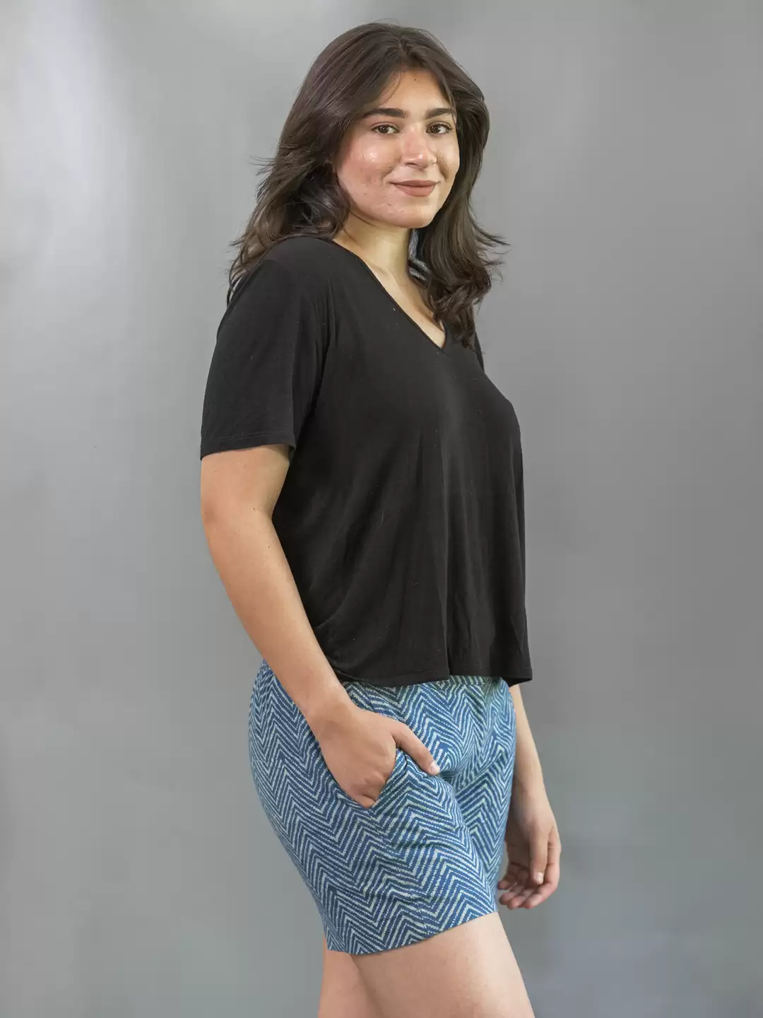 MORALFIBRE NATURAL INDIGO ZIG ZAG HAND BLOCK PRINTED SHORTS