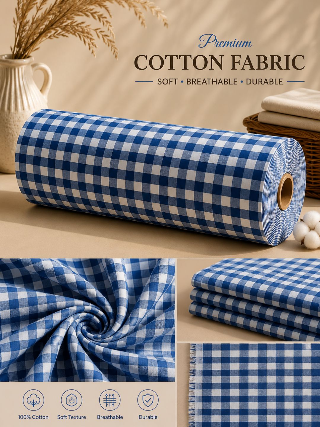 Khadi Cotton Blue Checked Fabric – 44 Inch Width Handloom Fabric
