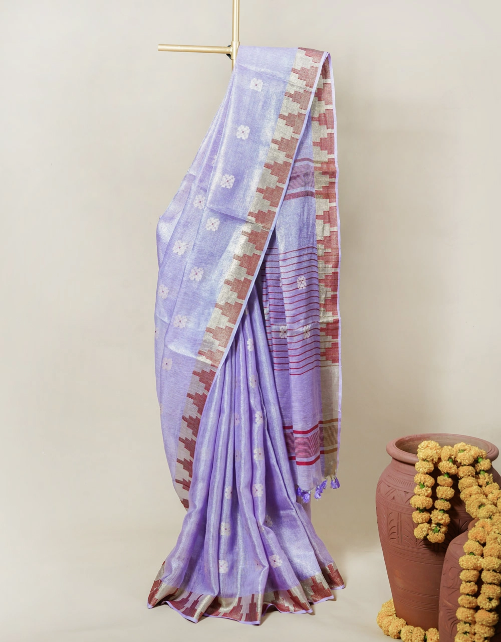 Lavender Handwoven Linen Zari Saree With Geometric Border And Striped Pallu - RKVSSLLHLZ63