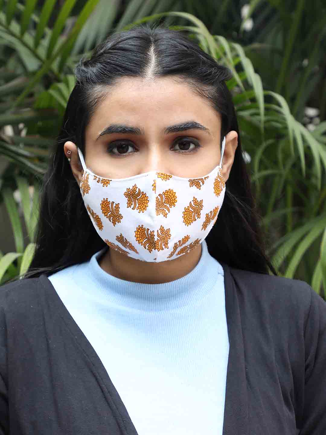 Khadi Cotton Masks White with Yellow Floral Prints - Set of 2