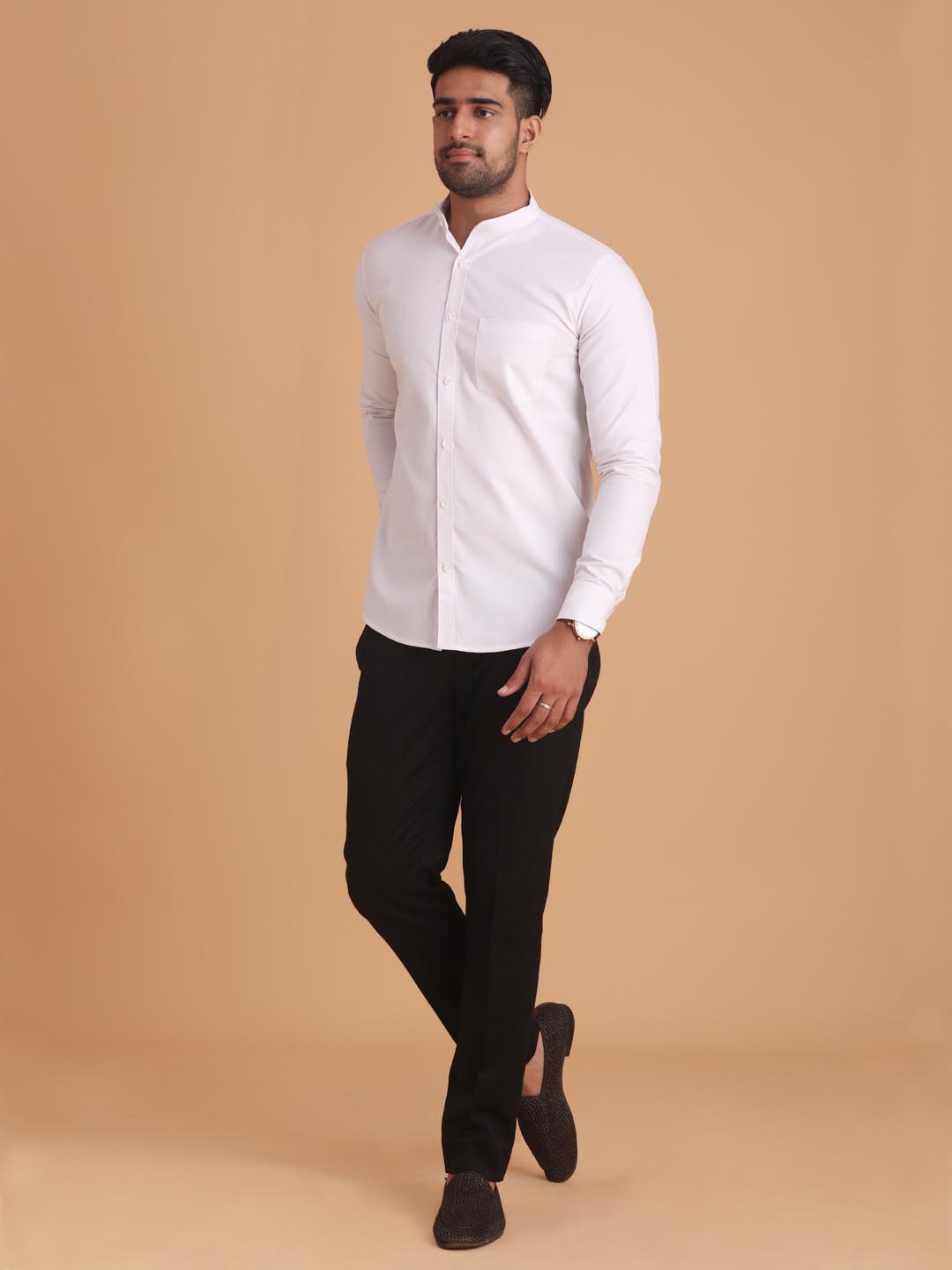 Handwoven Polyvastra Cotton Men Full Sleeve Shirt with Band Collar - White