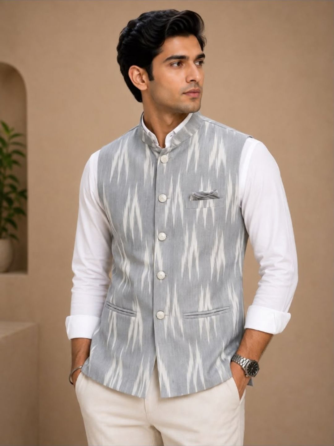 Men’s Cotton Nehru Jacket Grey Ikat