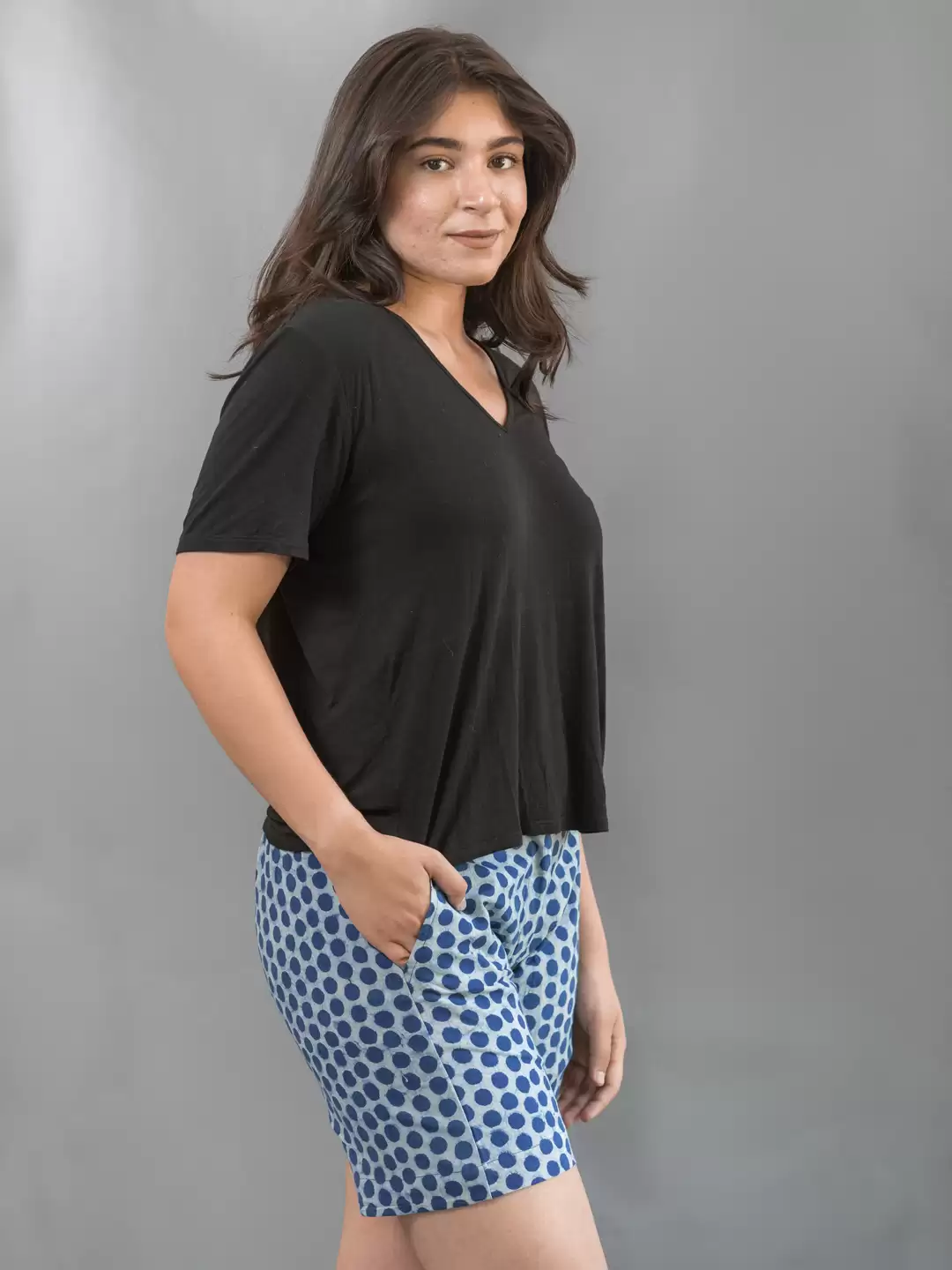 MORAL FIBRE NATURAL INDIGO POLKA DOTTED SHORTS