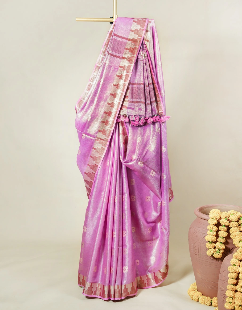 Lavender Handwoven Linen Saree With Zari Stripes And Playful Tassels - RKVSSLLHLS68