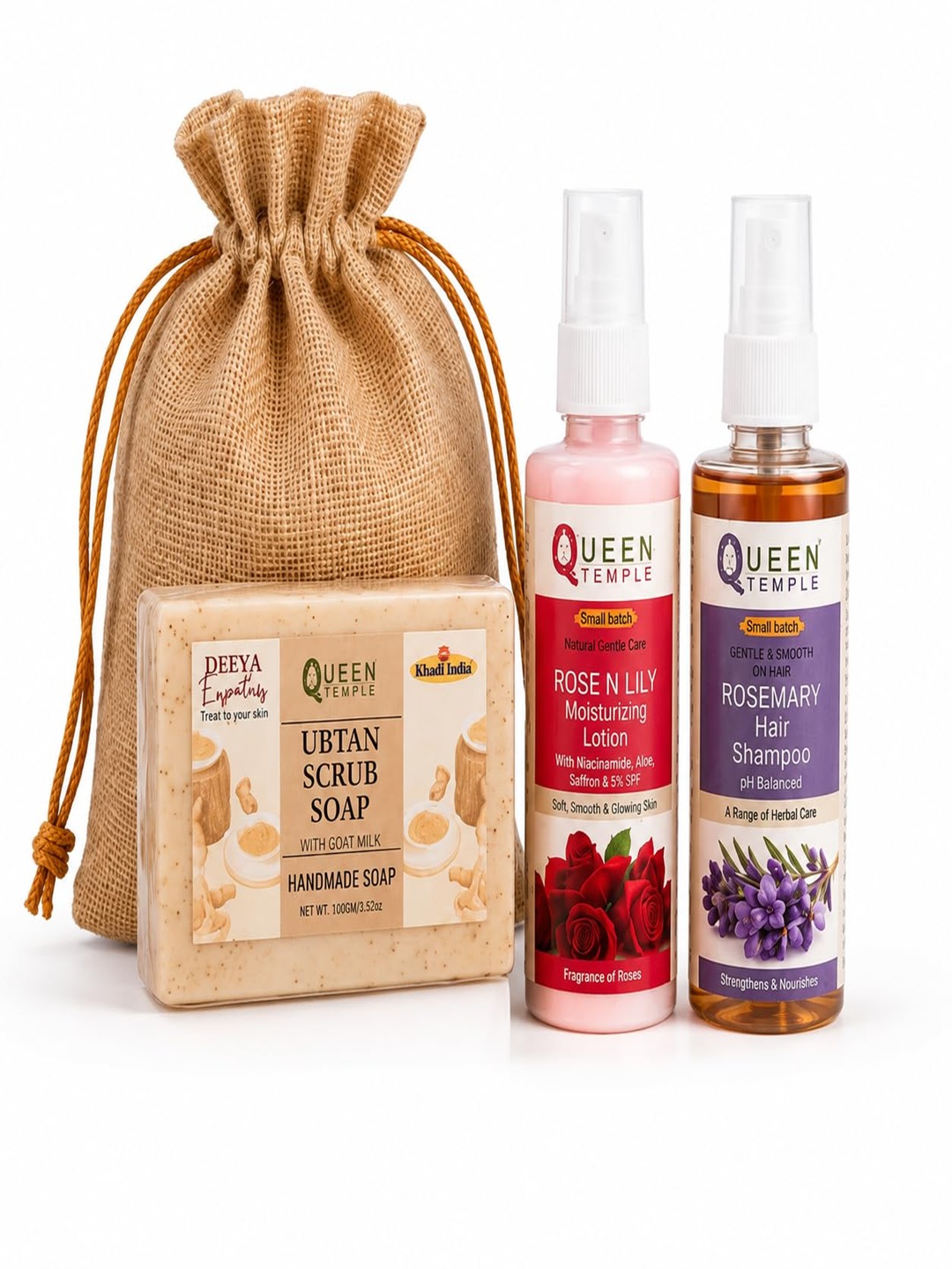 Khadi India Skin Care Gift Hamper By Queen Temple for Men & Women| Ubtan Scrub Soap 100g, Rose N Lily Moisturizing Lotion 100ml & Rosemary Hair Shampoo 100ml