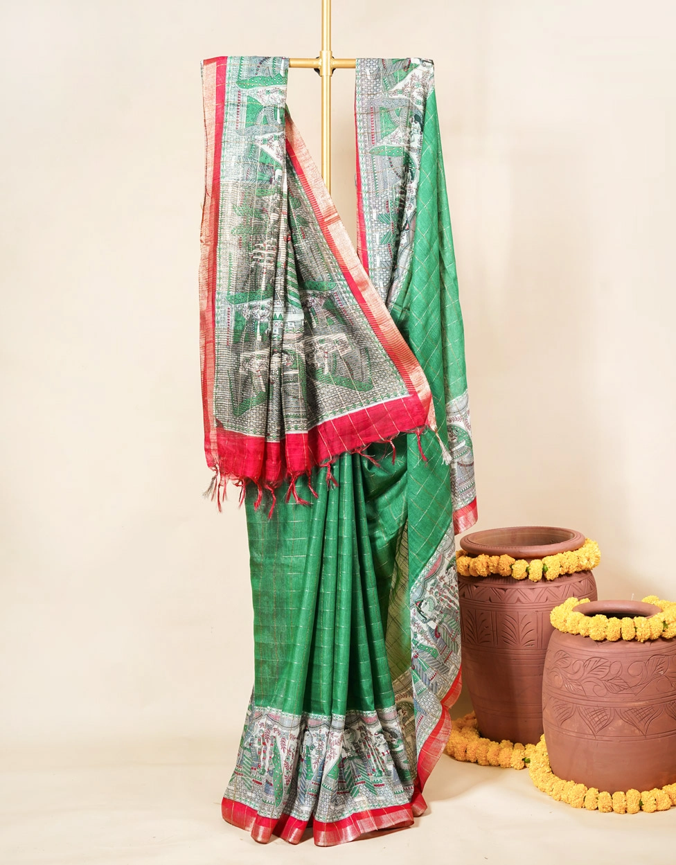 Green Emerald Madhubani Hand Painted Soft Silk Saree