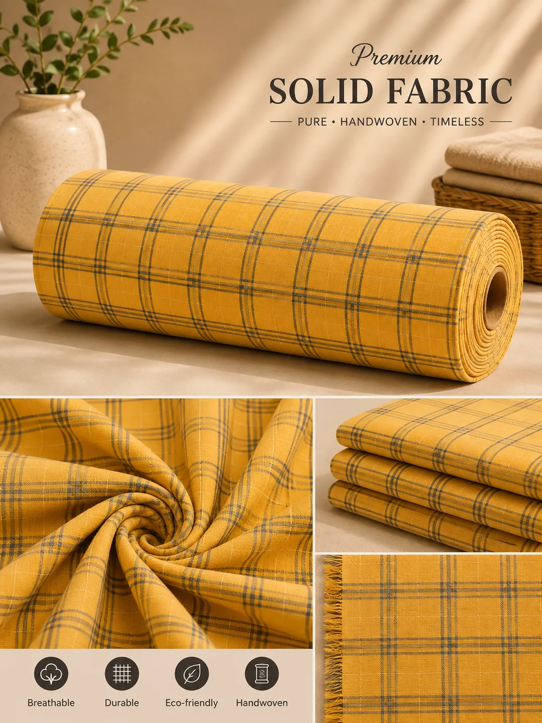 Khadi Cotton Yellow Fabric  44 Inch Width Handloom Fabric