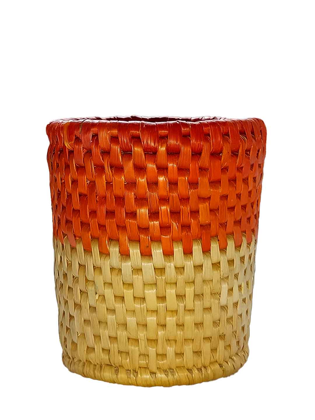 Handcrafted Moonj Pen Stand Orange & Cane - 10 cm X 10 cm X 15 cm