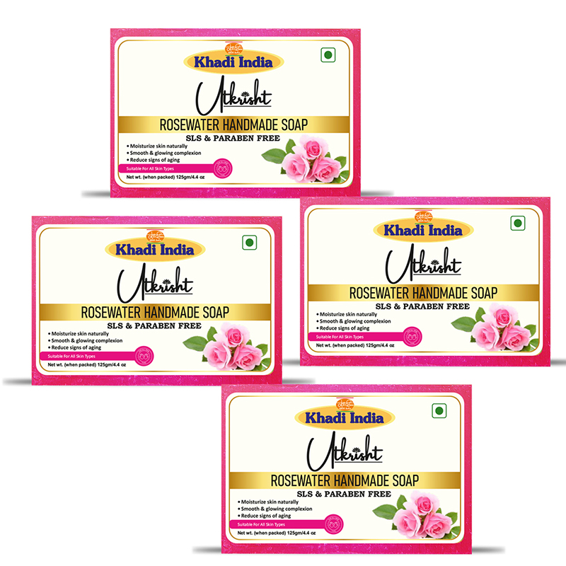 Utkrisht Khadi Herbal Rosewater Handmade Bathing Soap Perfect for Glowing Skin 500GM ( 125 gm each )-  Pack of 4