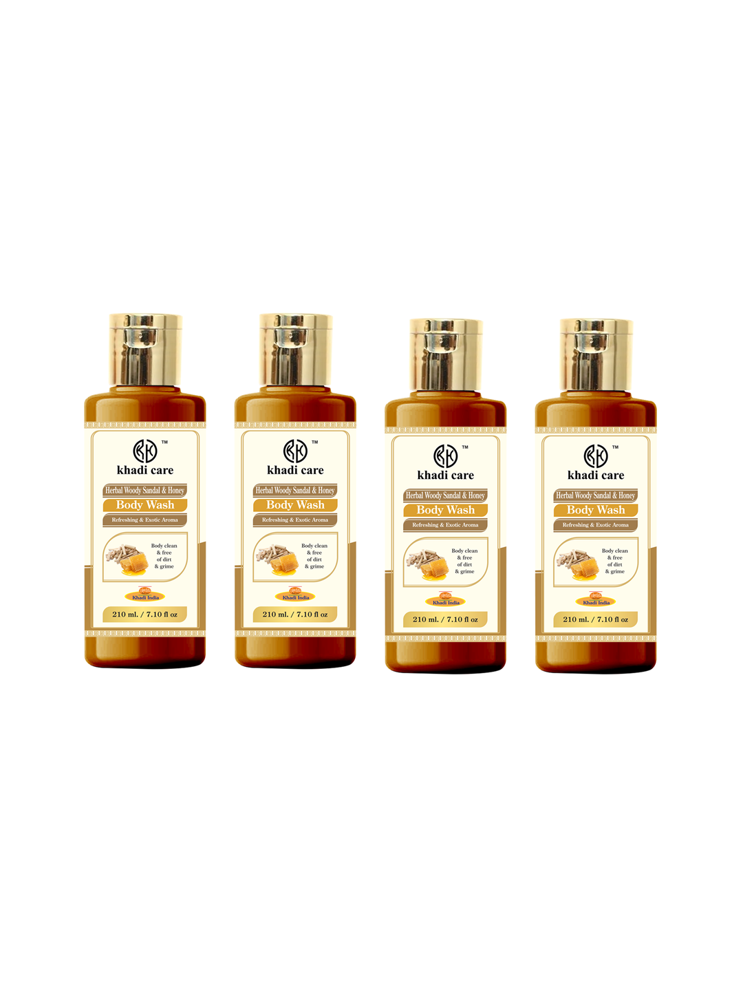 Khadi Care Herbal Woody Sandal & Honey Body Wash (210ml Each) Pack of 4