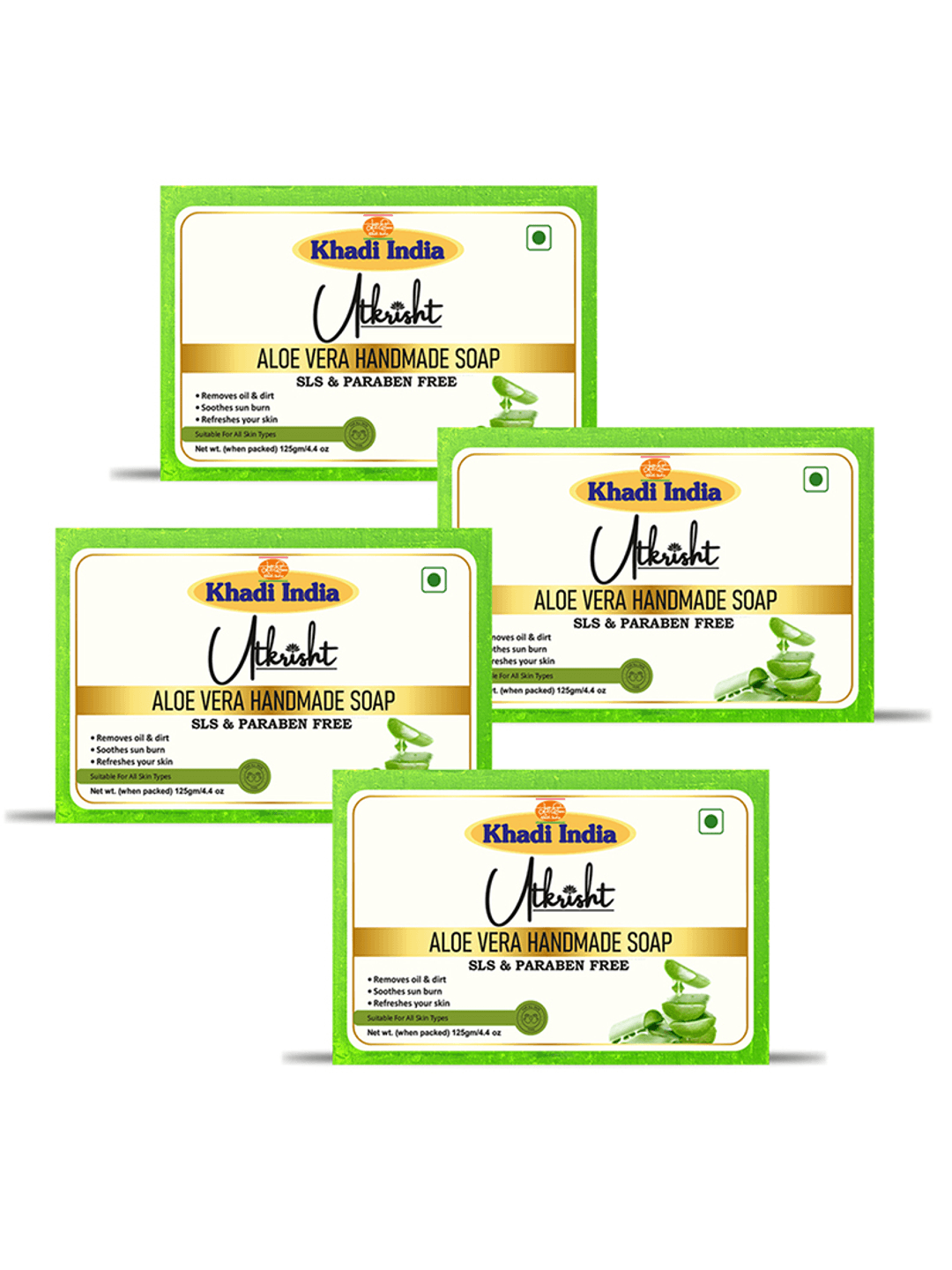 Utkrisht Khadi Handmade Aloevera Bathing Soap For Gently Cleanses, Nourishes Skin 500GM (125 Gm Each)- Pack of 4
