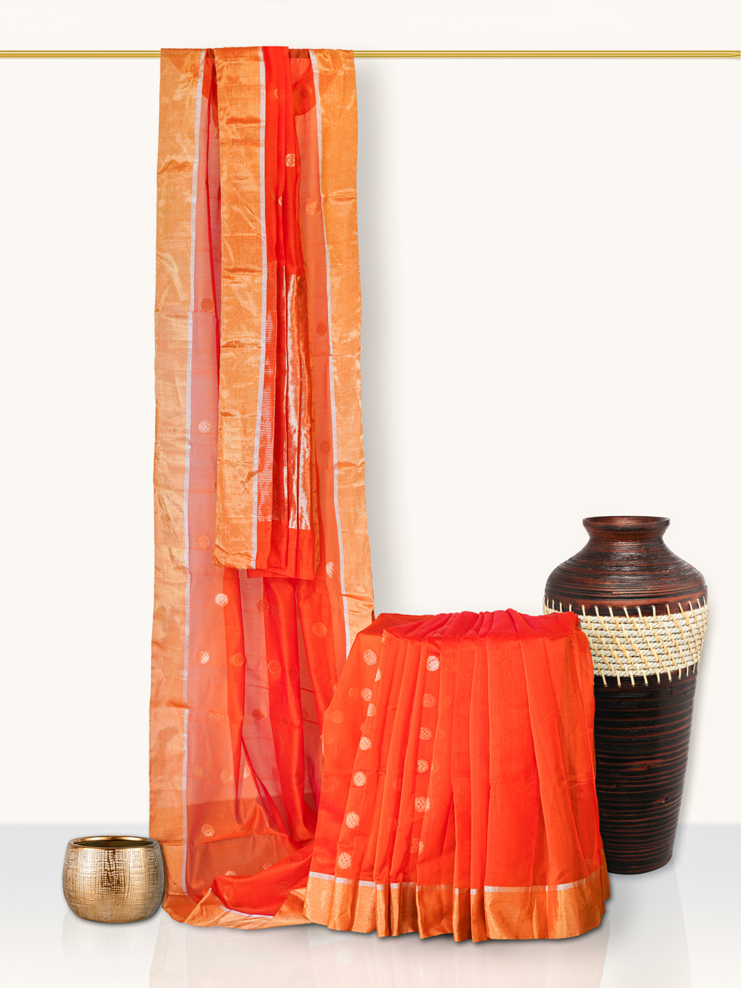 The Gold Weave Chanderi Silk Sarees - Orange colour with Golden Brown Borders