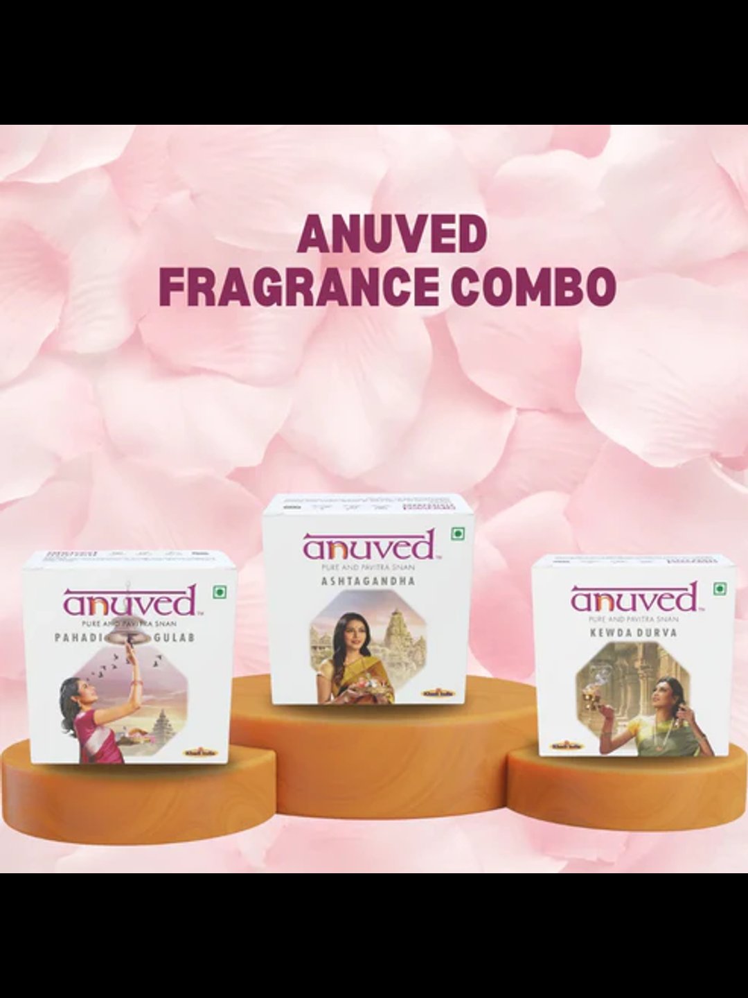Anuved Fragrance Combo | Pack of 3 | 125 Grams Each | Herbal Soaps Kewda, Astagandha, Pahadi Gulab for Refreshing & Revitalizing, Paraben Free, Cruelty Free