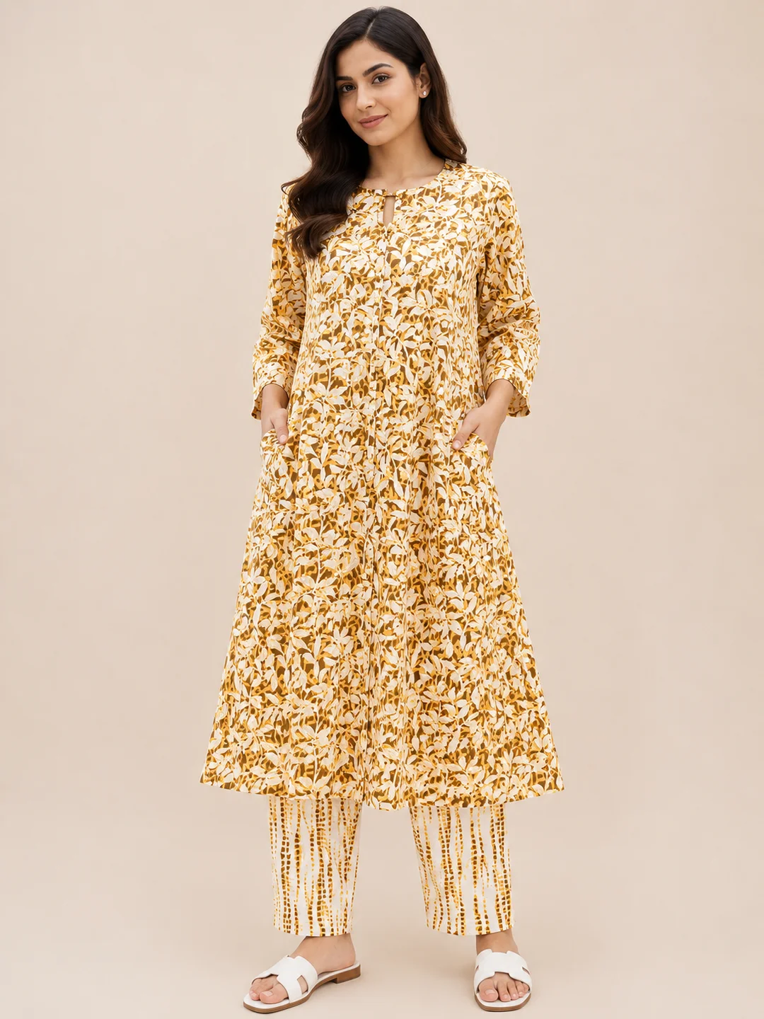 Khadi Cotton Women Printed Kurta with Pants Set - Yellow