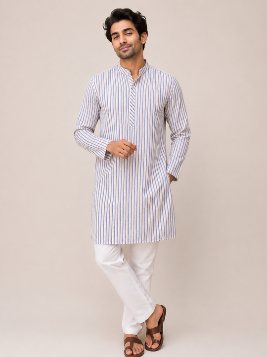 Khadi Cotton Men's Long Kurta & Stripe Pattern - Peach