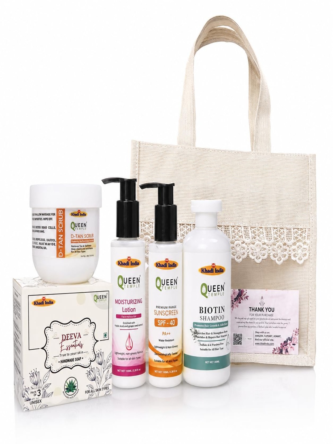 Khadi India Beauty & Self Care Gift Hamper for Women & Men | D-Tan Scrub, Handmade Soap, Moisturizing Lotion, SPF 40 Sunscreen & Biotin Shampoo