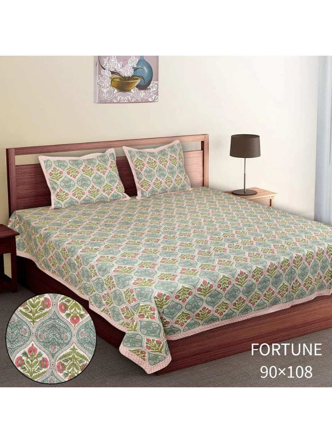 Premium Pure Cotton Bed Sheets-Green&White, Size - 90 x 108 inches Pillow Cover - 18x27 inches