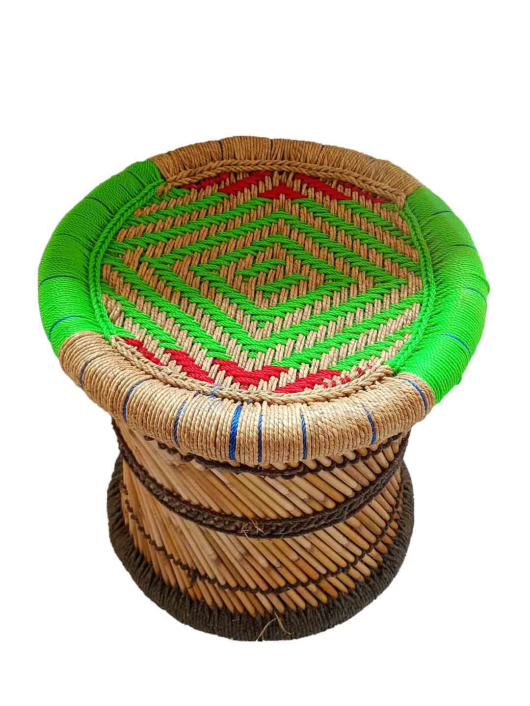 Handcrafted Moonj Full Muddha - Light Green & Red - 43 cm X 43 cm X 40 cm