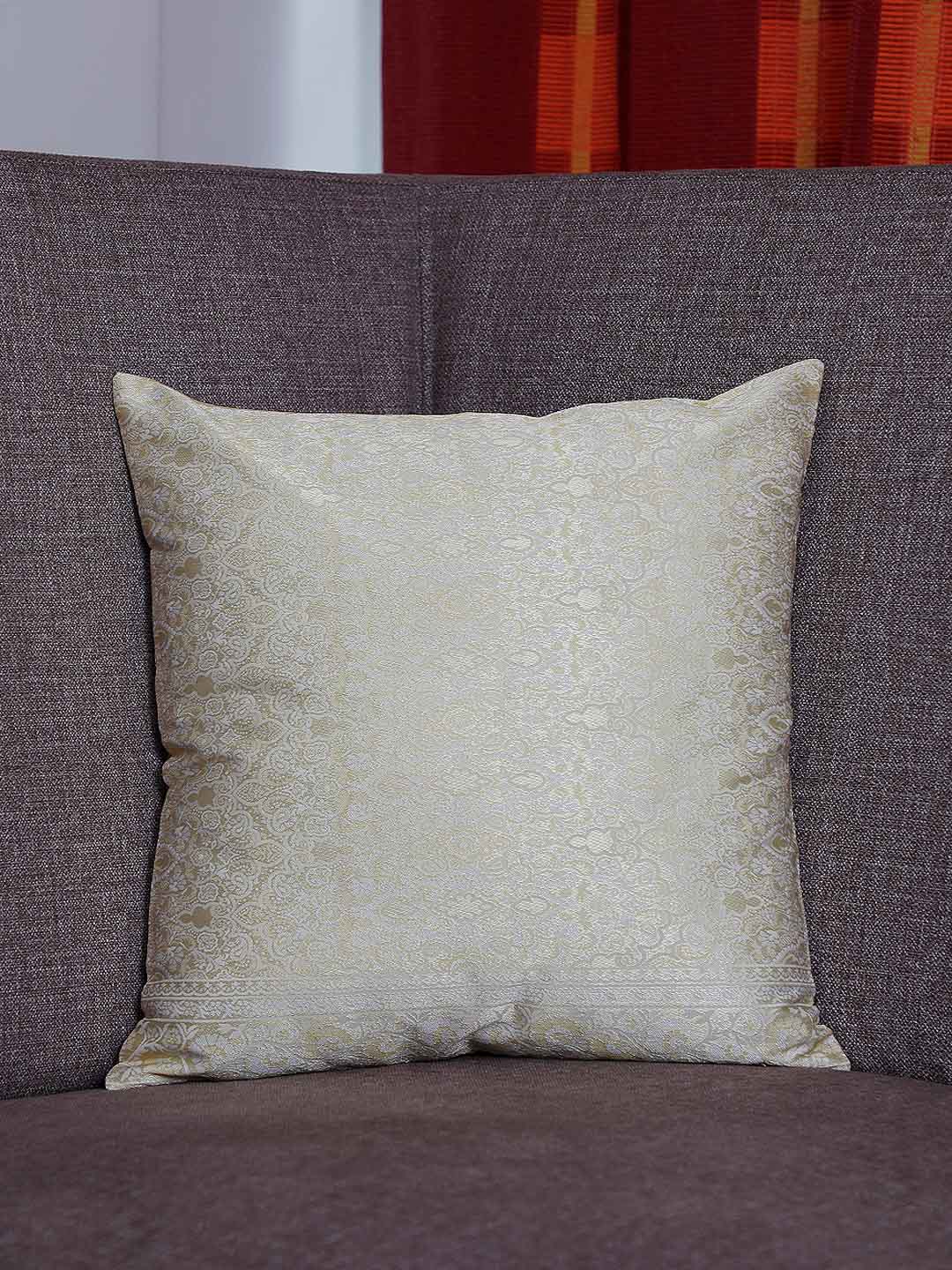 Brocade Cushion Cover - White Base with Golden Patterns