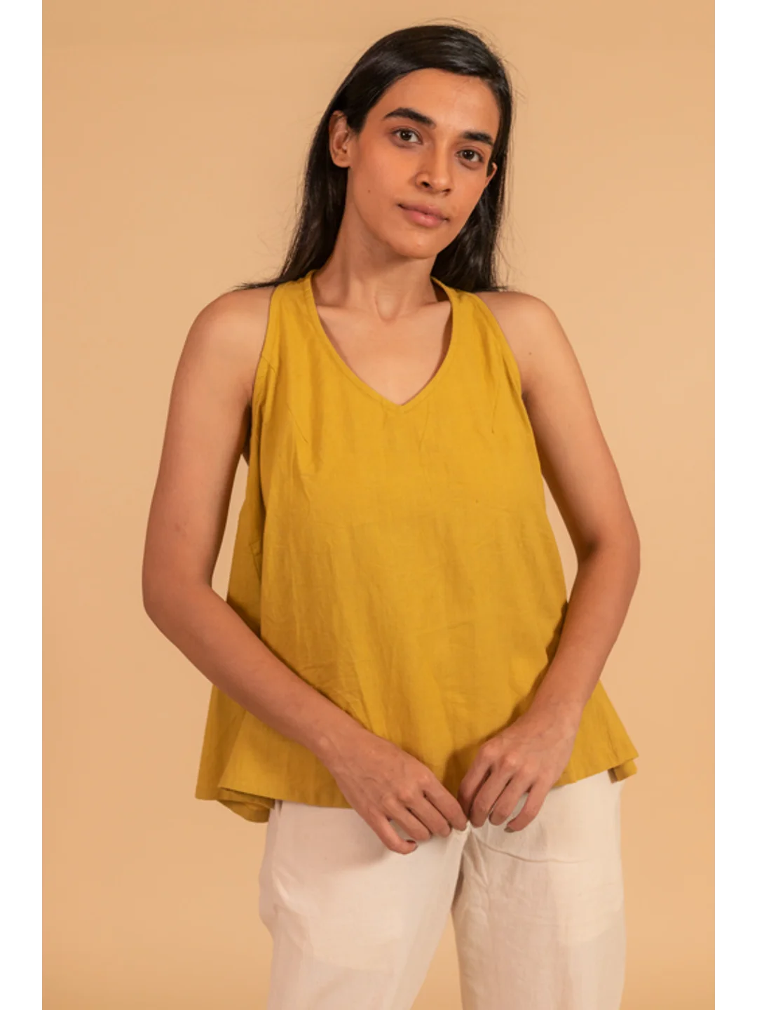 MUSTARD COLOR V NECK INCUT SLEEVES TOP WITH ELASTICATED SIDE