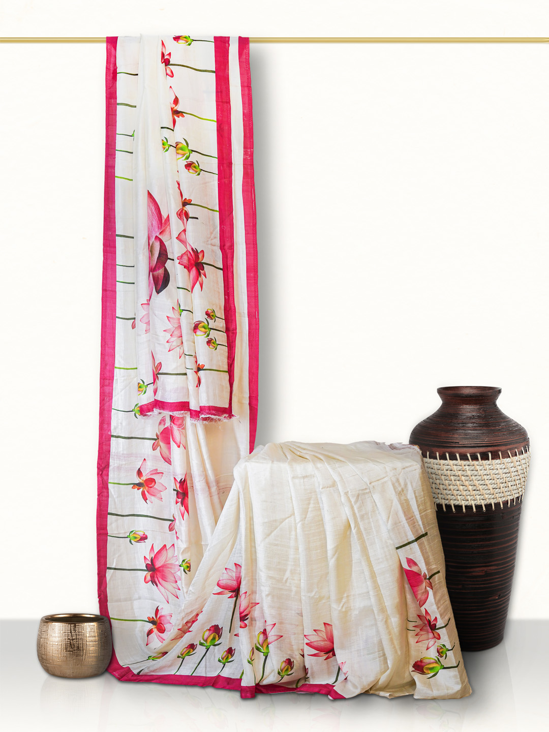 The Gold Weave Digital Floral Saree off-white with Pink Border